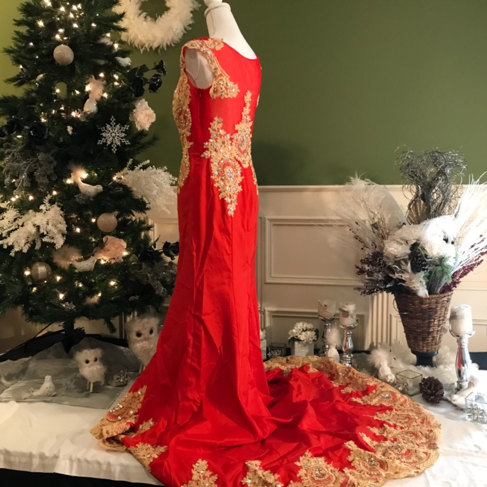 Red with gold appliqué mermaid style dress - Picture 5 of 13